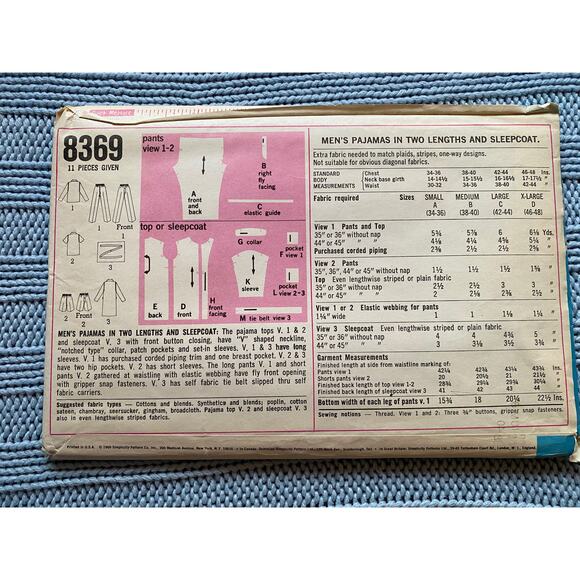 Simplicity 8369 Mens pajamas robe pattern - Picture 3 of 5